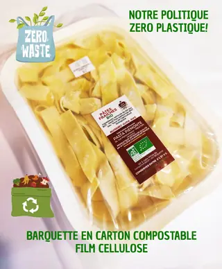 Pasta Piemonte fresh pasta in a compostable tray with cellulose film, zero-plastic policy