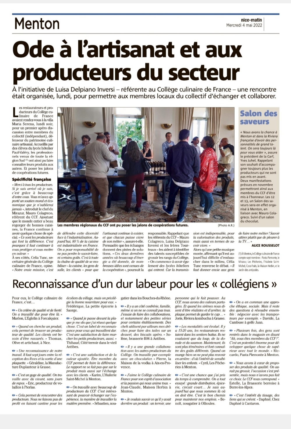 Nice-Matin article dated 4 May 2022 about the Collège Culinaire de France gathering in Menton
