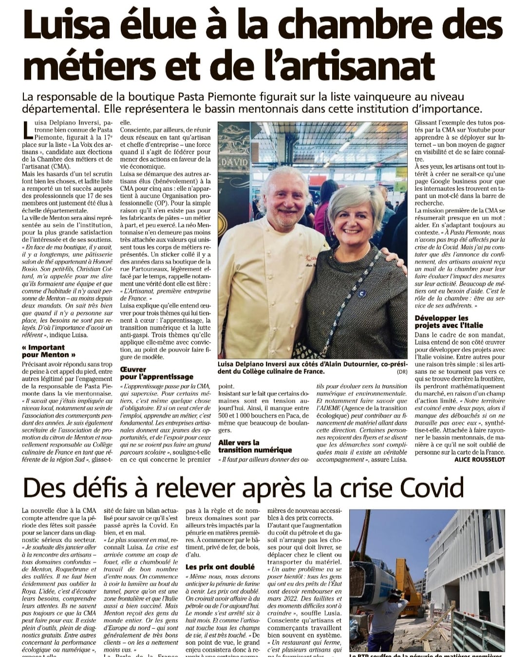 Nice-Matin article from November 2021 about Luisa Delpiano Inversi and her artisan commitments